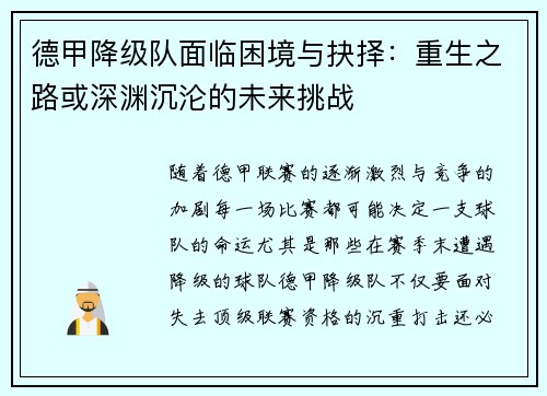 德甲降级队面临困境与抉择：重生之路或深渊沉沦的未来挑战