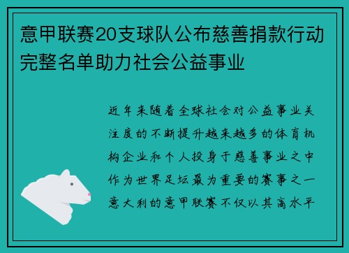意甲联赛20支球队公布慈善捐款行动完整名单助力社会公益事业