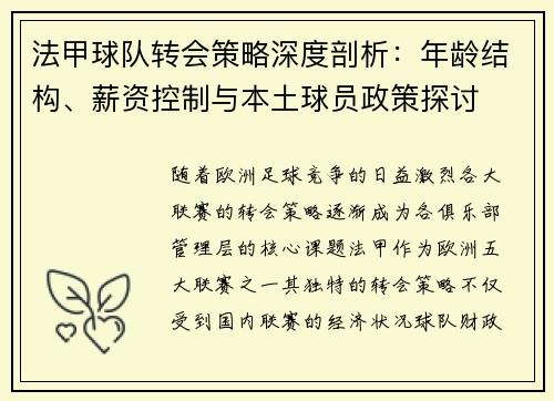 法甲球队转会策略深度剖析：年龄结构、薪资控制与本土球员政策探讨