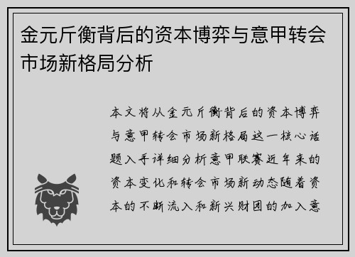 金元斤衡背后的资本博弈与意甲转会市场新格局分析