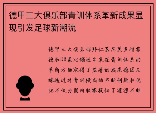 德甲三大俱乐部青训体系革新成果显现引发足球新潮流